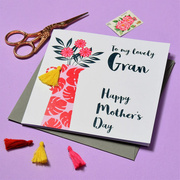 Mother's Day Card, Flowers, Lovely Gran, Embellished with a colourful tassel