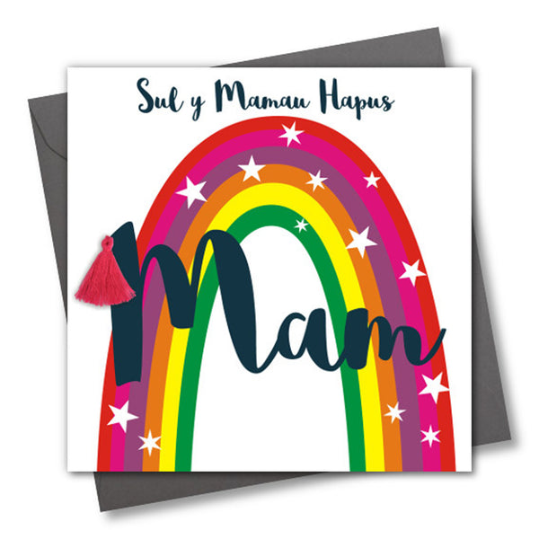 Welsh Mother's Day Card, Sul y Mamau Hapus, Mam, Rainbow, Tassel Embellished