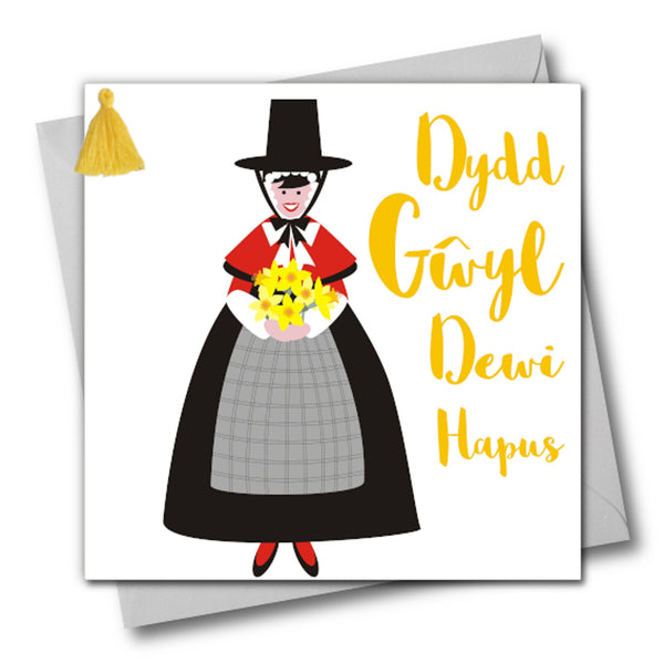 Welsh St Davids Day Card, dydd gwyl dewi hapus, Welsh dress, Tassel Embellished