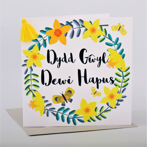 Welsh St Davids Day Card, dydd gwyl dewi hapus, Daffodil, Tassel Embellished
