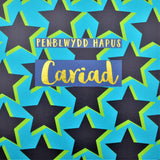 Welsh Birthday Card, Penblwydd Hapus Boyfriend Stars, text foiled in shiny gold