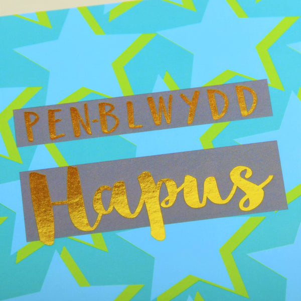 Welsh Birthday Card, Penblwydd Hapus, Stars, text foiled in shiny gold