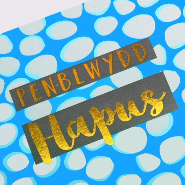 Welsh Birthday Card, Penblwydd Hapus, Dots, text foiled in shiny gold