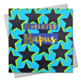 Welsh Birthday Card, Penblwydd Hapus, Stars, text foiled in shiny gold
