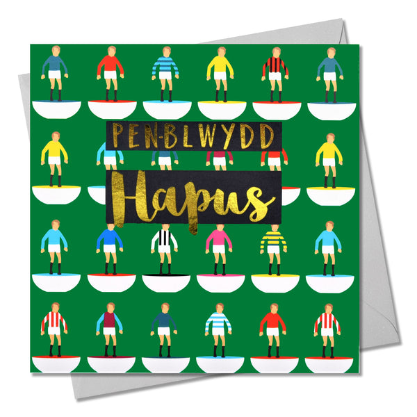 Welsh Birthday Card, Penblwydd Hapus, Footballers, text foiled in shiny gold