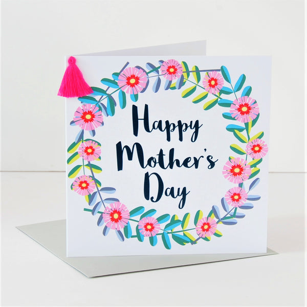 Mother's Day Card, Flower Wreath, Embellished with a colourful tassel