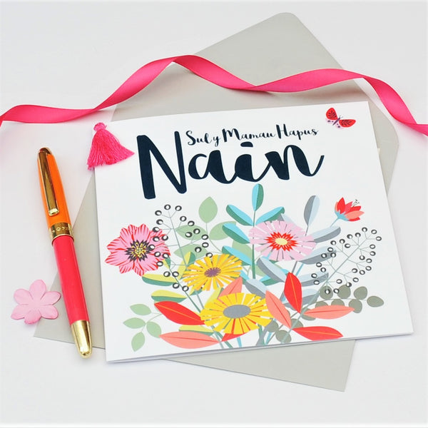 Welsh Gran Mother's Day Card, Sul y Mamau Hapus Nain, Flower, Tassel Embellished