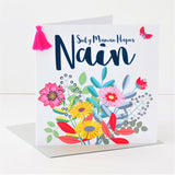 Welsh Gran Mother's Day Card, Sul y Mamau Hapus Nain, Flower, Tassel Embellished