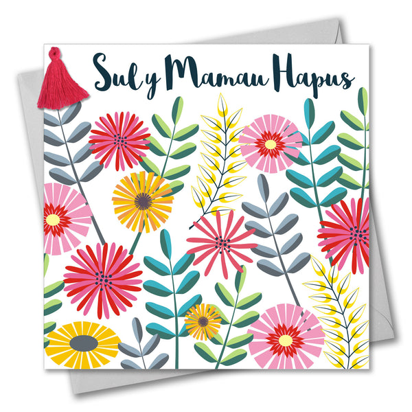 Welsh Mother's Day Card, Sul y Mamau Hapus, Flowers & Leaves, Tassel Embellished