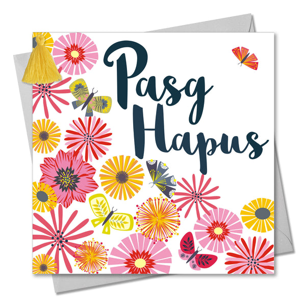 Welsh Easter Card, Pasg Hapus, Tumbling Flowers, Tassel Embellished