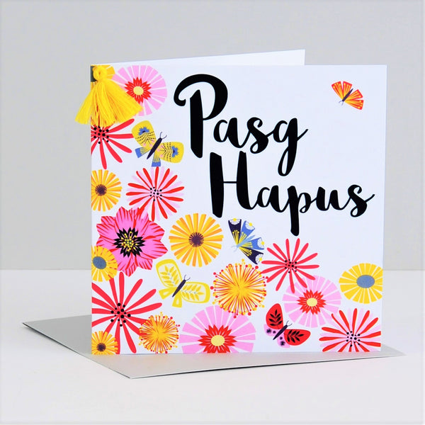 Welsh Easter Card, Pasg Hapus, Tumbling Flowers, Tassel Embellished