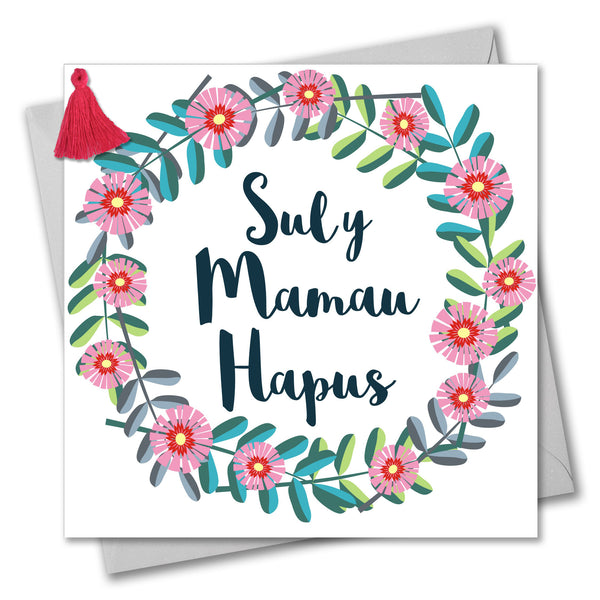 Welsh Mother's Day Card, Sul y Mamau Hapus, Flower Wreath, Tassel Embellished