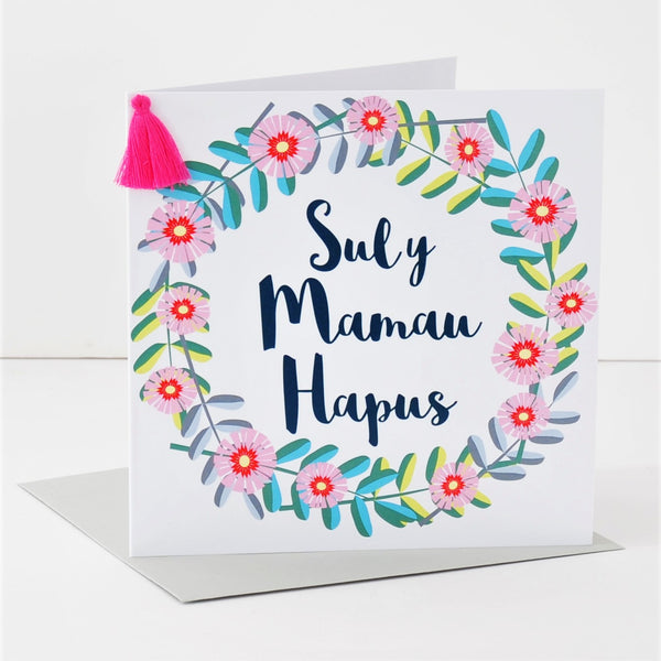 Welsh Mother's Day Card, Sul y Mamau Hapus, Flower Wreath, Tassel Embellished