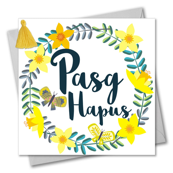 Welsh Easter Card, Pasg Hapus, Daffodil Wreath, Tassel Embellished