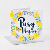 Welsh Easter Card, Pasg Hapus, Daffodil Wreath, Tassel Embellished