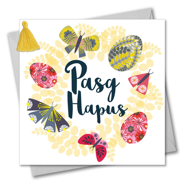 Welsh Easter Card, Pasg Hapus, Butterfly & Egg Wreath, Tassel Embellished