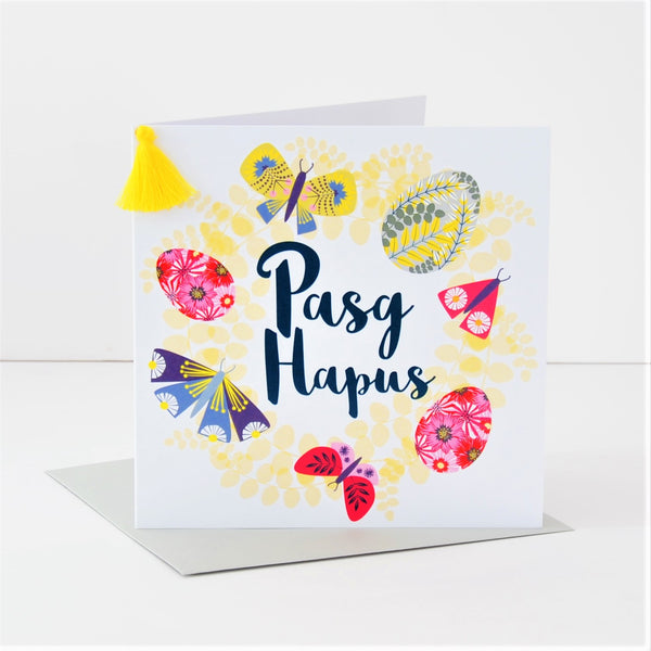 Welsh Easter Card, Pasg Hapus, Butterfly & Egg Wreath, Tassel Embellished