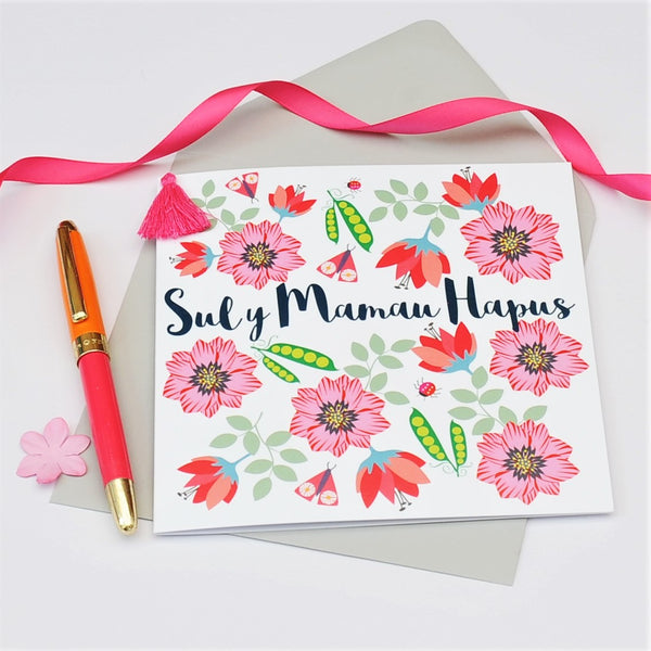 Welsh Mother's Day Card, Sul y Mamau Hapus, Flowers & Peas, Tassel Embellished