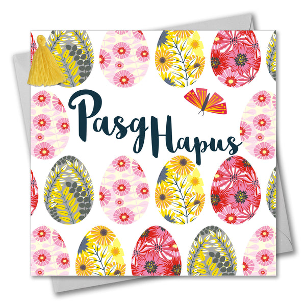 Welsh Easter Card, Pasg Hapus, Rows of Eggs, Embellished with a colourful tassel