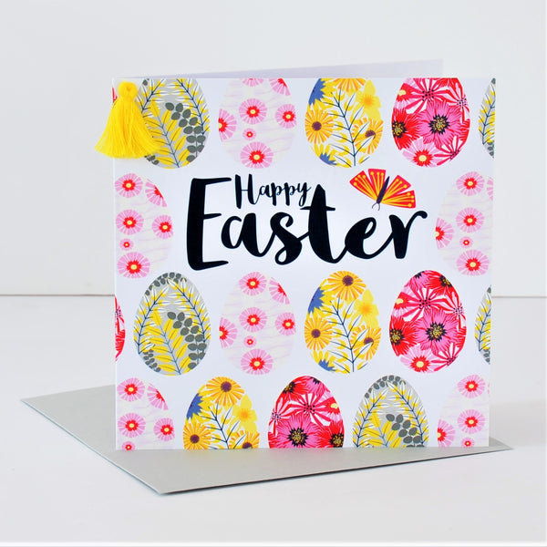 Easter Card, Rows of Eggs, Happy Easter, Embellished with a colourful tassel