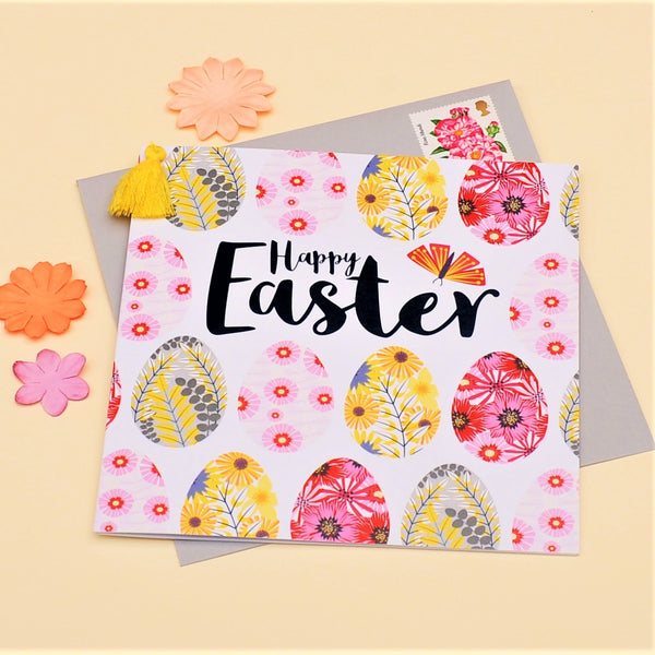 Easter Card, Rows of Eggs, Happy Easter, Embellished with a colourful tassel