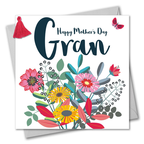 Mother's Day Card, Bouquet, Gran, Embellished with a colourful tassel