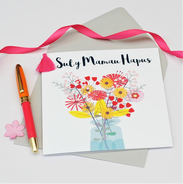 Welsh Mother's Day Card, Sul y Mamau Hapus, Bouquet, Tassel Embellished