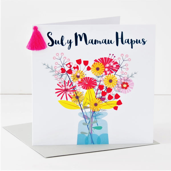 Welsh Mother's Day Card, Sul y Mamau Hapus, Bouquet, Tassel Embellished
