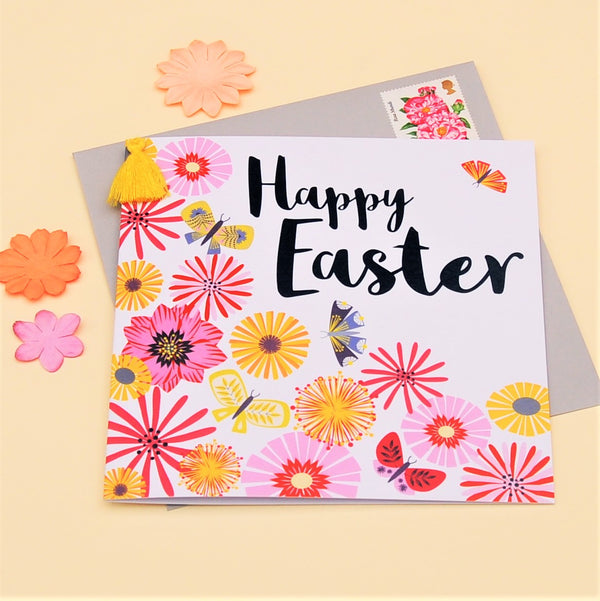 Easter Card, Tumbling Flowers, Happy Easter, Embellished with a colourful tassel