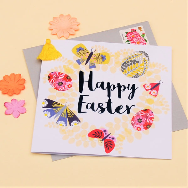 Easter Greeting Card, Butterflies & Eggs, Embellished with a colourful tassel