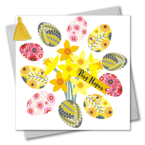 Welsh Easter Card, Pasg Hapus, Daffodils, Embellished with a colourful tassel