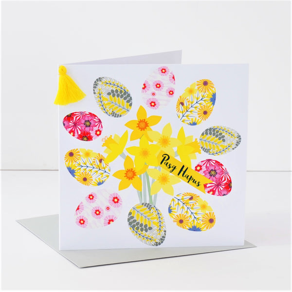 Welsh Easter Card, Pasg Hapus, Daffodils, Embellished with a colourful tassel