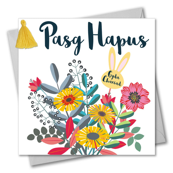 Welsh Easter Card, Pasg Hapus, Bouquet, Embellished with a colourful tassel