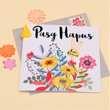 Welsh Easter Card, Pasg Hapus, Bouquet, Embellished with a colourful tassel