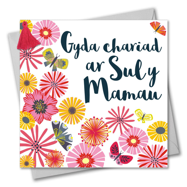 Welsh Mother's Day Card, Sul y Mamau Hapus, Tumbling Flowers, Tassel Embellished