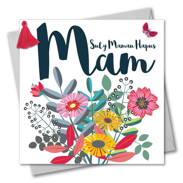 Welsh Mother's Day Card, Sul y Mamau Hapus Mam, Bouquet, Mum, Tassel Embellished