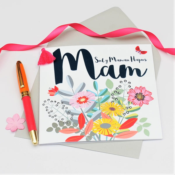 Welsh Mother's Day Card, Sul y Mamau Hapus Mam, Bouquet, Mum, Tassel Embellished
