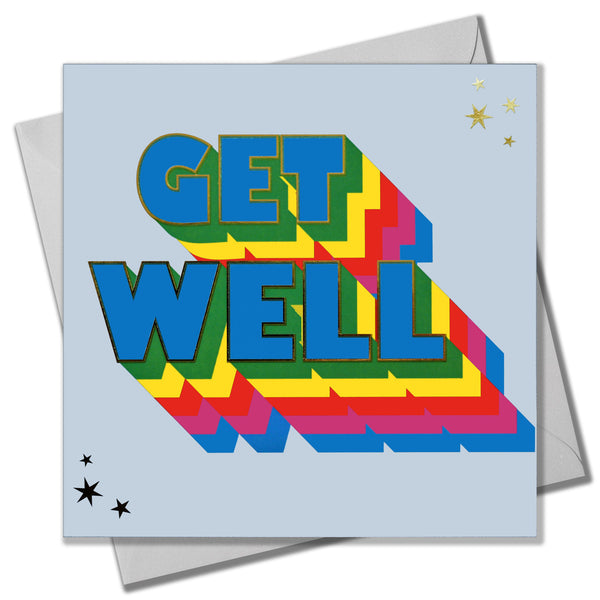Get Well Card, Rainbow block letters and stars, with gold foil