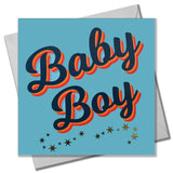 Baby Boy Card, Slanted script with gold stars and gold foil