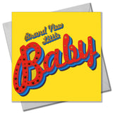 New Baby Card, Red on yellow background with stars and gold foil