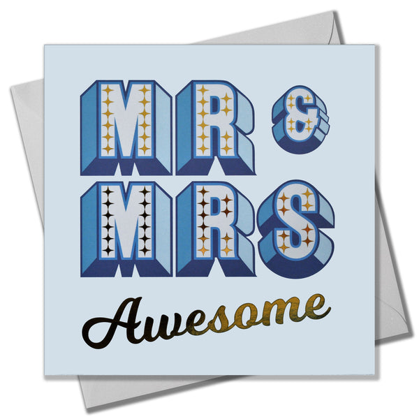 Wedding Card, Mr & Mrs Awesome, blue block letters, with gold foil