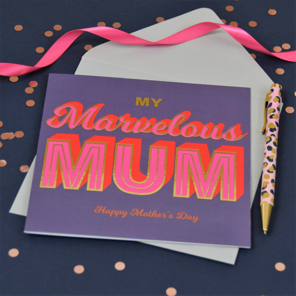 Mother's Day Card, Marvelous Mum, text foiled in shiny gold