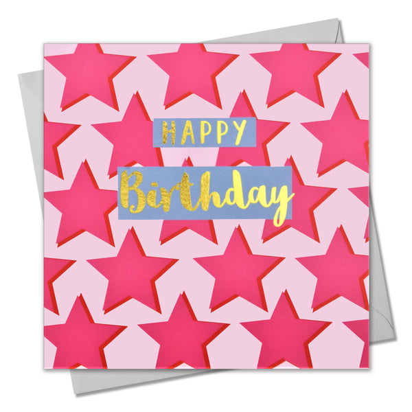 Birthday Card, Pink Stars, Happy Birthday, text foiled in shiny gold