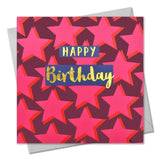 Birthday Card,  Dark Pink Stars, Happy Birthday, text foiled in shiny gold