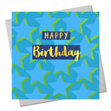 Birthday Card, Stars, Happy Birthday, text foiled in shiny gold