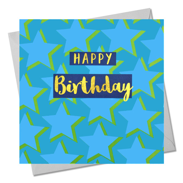 Birthday Card, Stars, Happy Birthday, text foiled in shiny gold