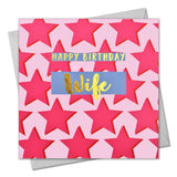 Birthday Card, Wife Pink Stars, Happy Birthday Wife, text foiled in shiny gold