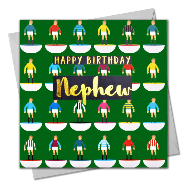 Birthday Card, Nephew Footballers, text foiled in shiny gold