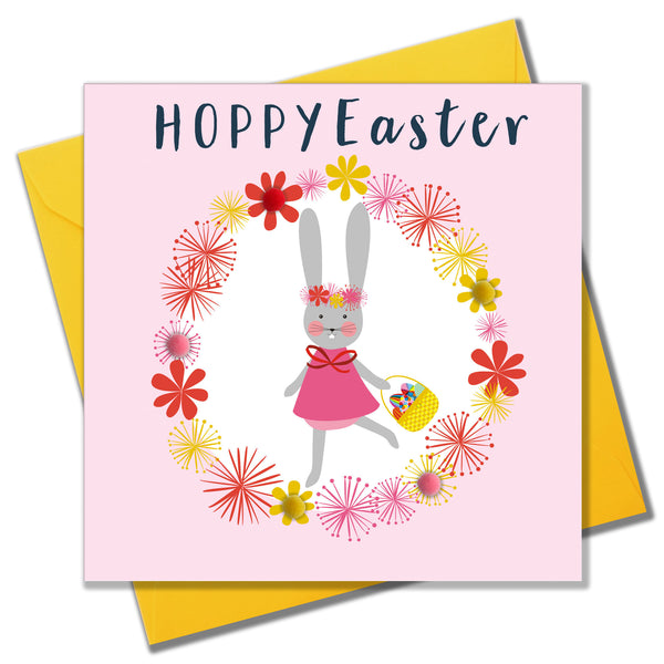 Easter Card, Bunny Girl, Hoppy Easter, Embellished with colourful pompoms