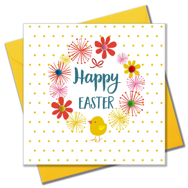 Easter Card, Dots & Flowers, Happy Easter, Embellished with colourful pompoms